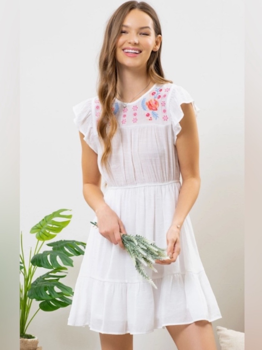 New Mine White Mini Dress with Pink Floral Embroidery women's size large